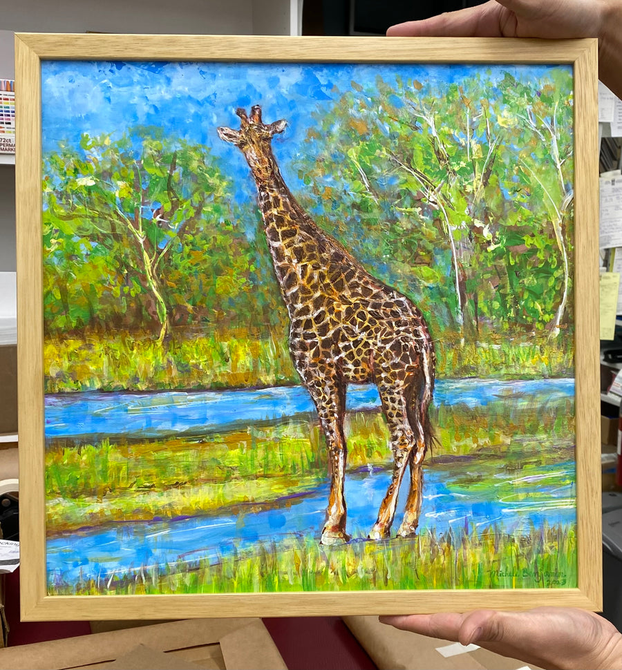Michele Benjamin Enchanted Giraffe Oasis, Acrylic on Silk, 17 x 17 in. Original Painting - Framed