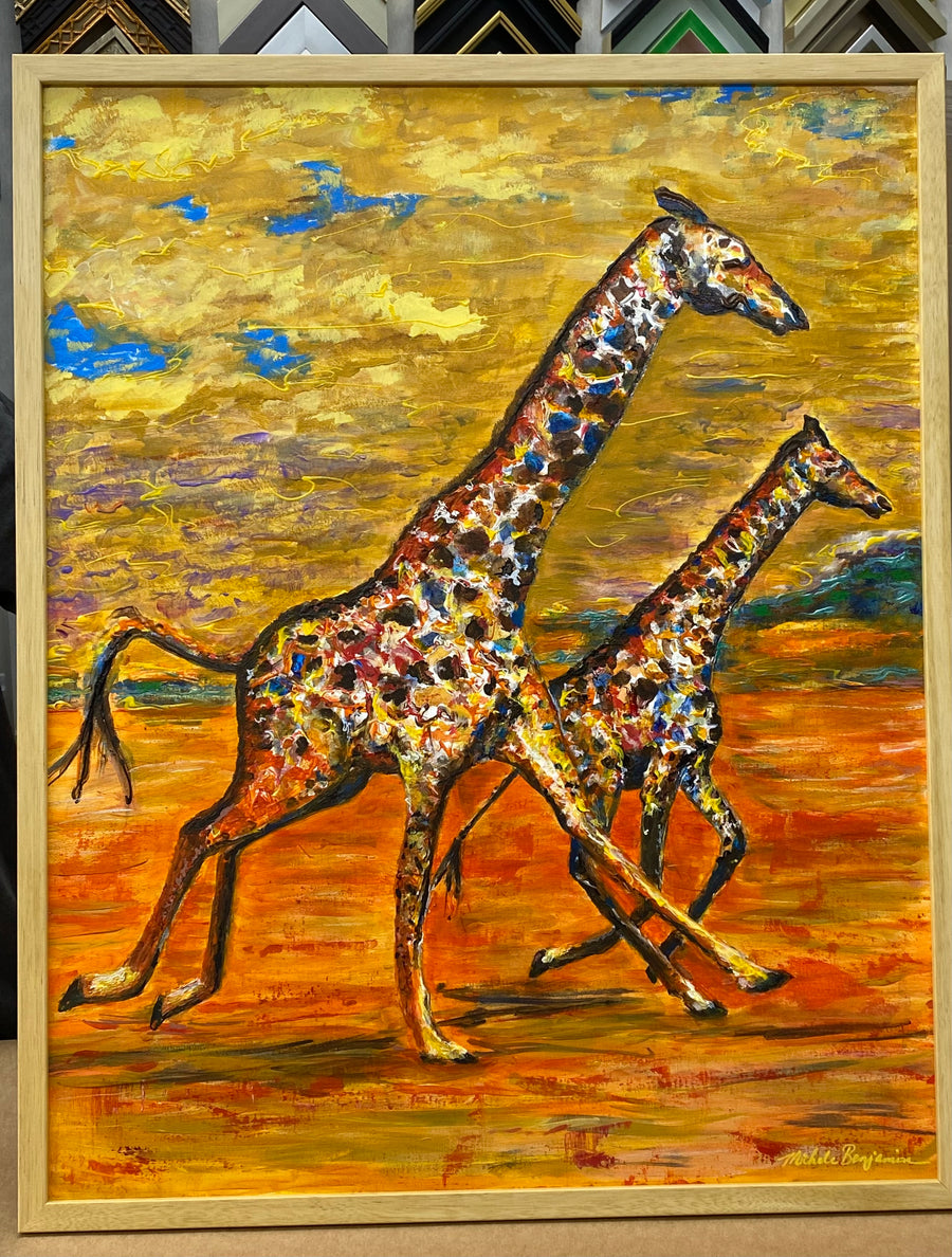 Michele Benjamin “Majestic Giraffes on the Move”, Acrylic on Canvas, 24 x 30 in. Original Painting - Framed