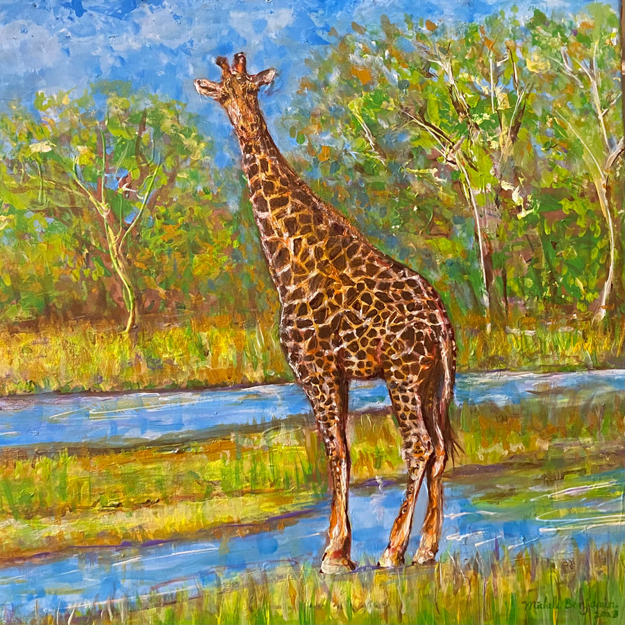 Michele Benjamin Enchanted Giraffe Oasis, Acrylic on Silk, 17 x 17 in. Original Painting - Framed