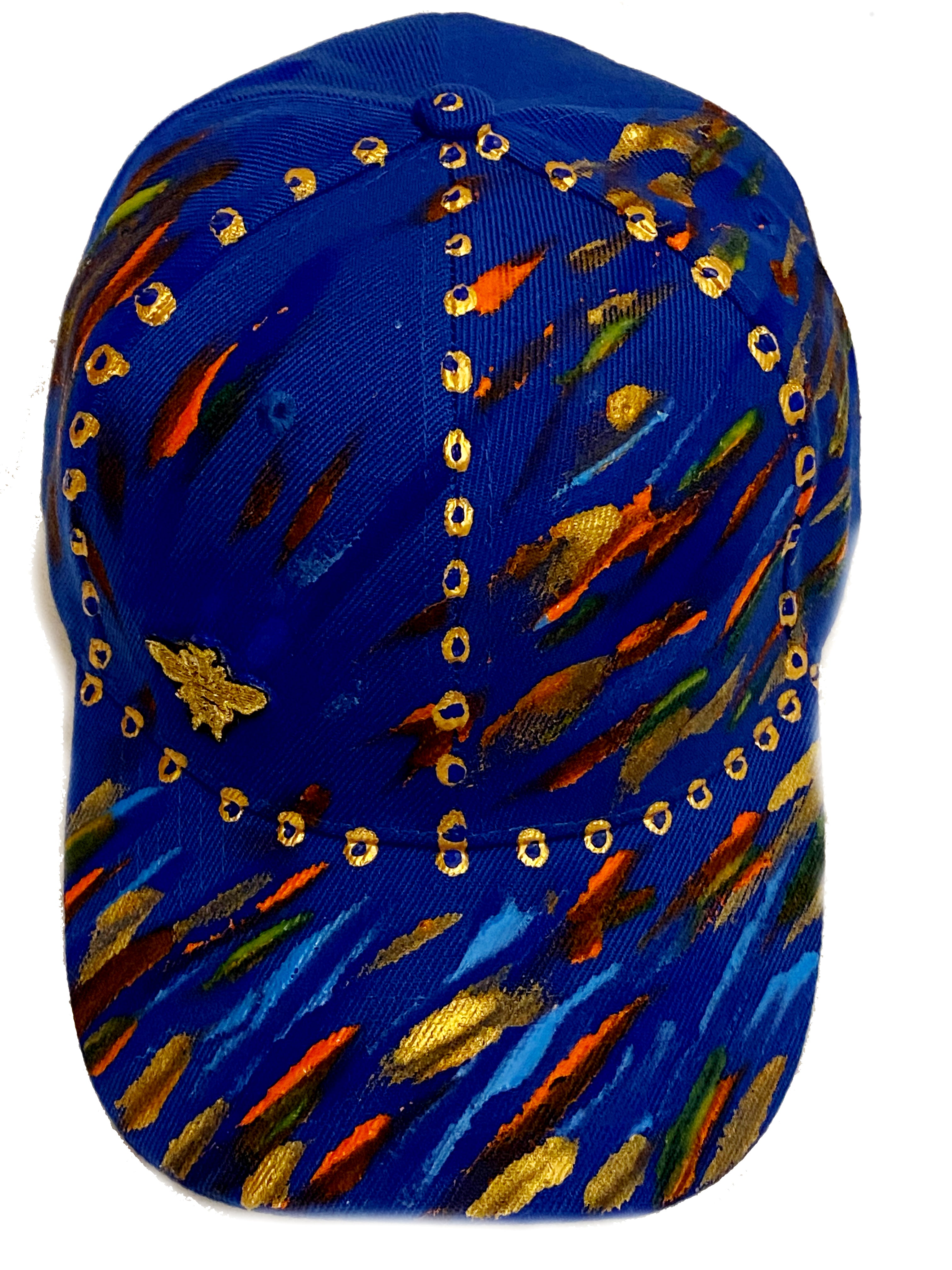 Gold Bee Embroidered, Original Hand Painted, Royal Blue Baseball Cap - One Size Fits All