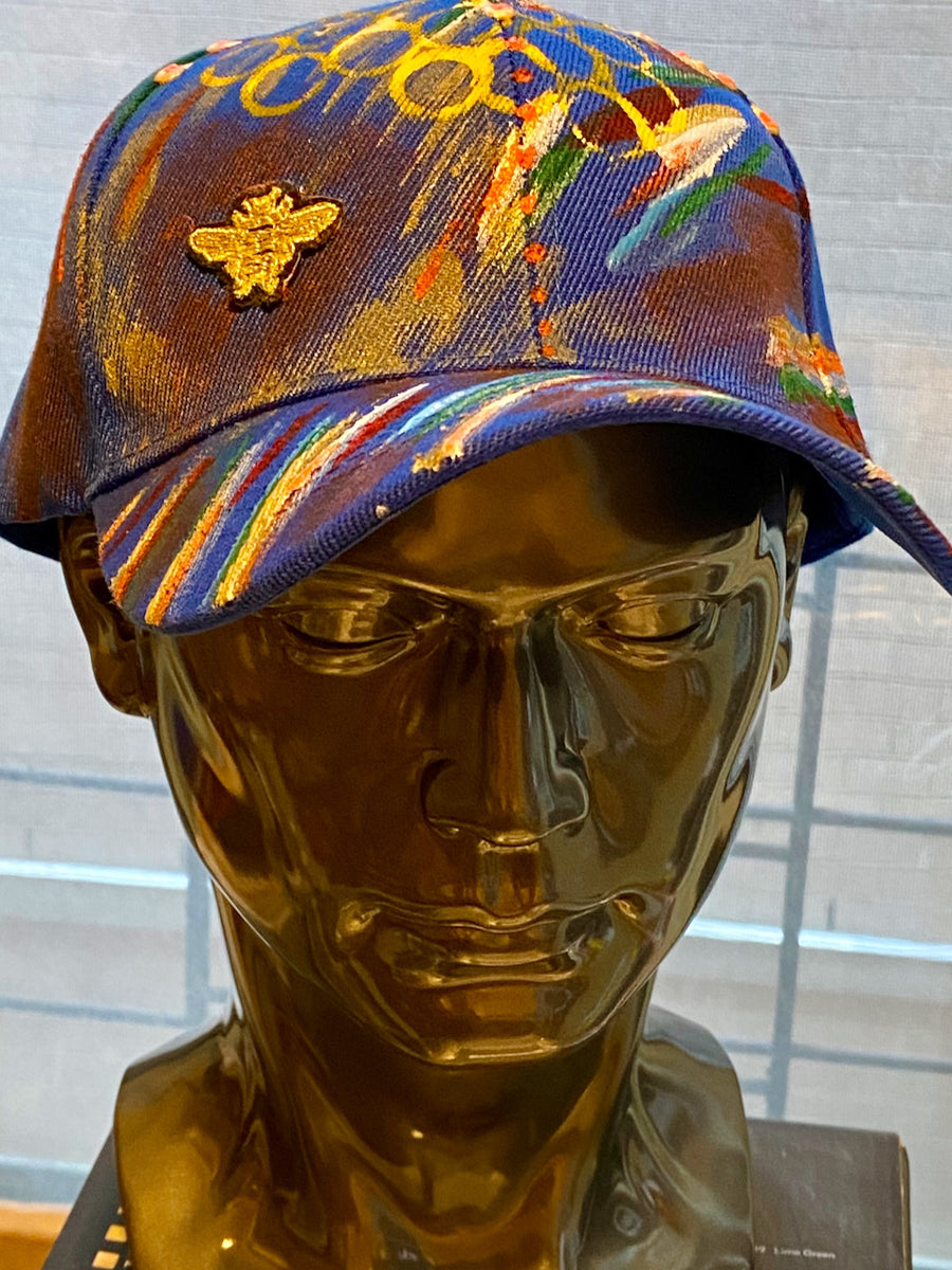 Gold Bee Embroidered, Original Hand Painted, Blue Baseball Cap - One Size Fits All - Michele Benjamin - Jewelry Design Headwear, Hat, Baseball Cap