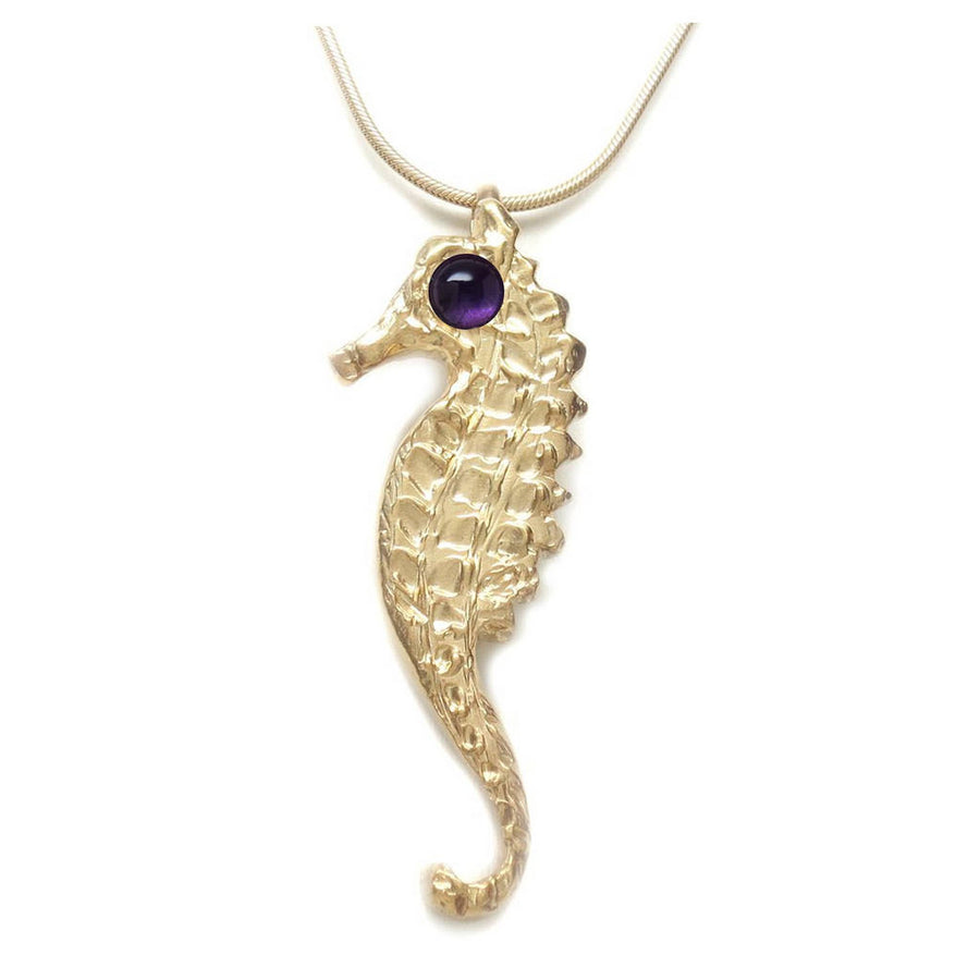 18K Gold Plated Amethyst Seahorse Necklace Large 2 3/4" H - Michele Benjamin - Jewelry Design Fashion Jewelry Necklaces - Stone settings