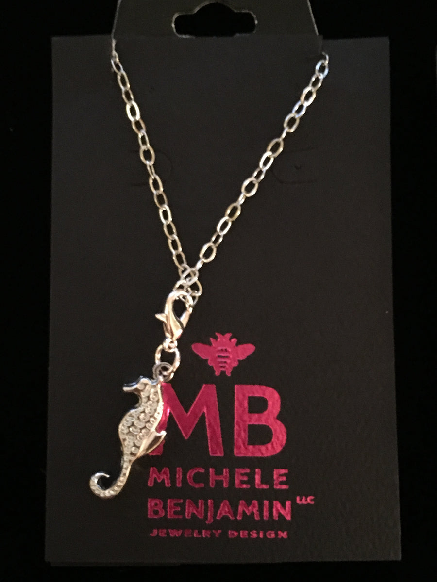 Seahorse Charm Necklace Rhodium Plated White Brass 18" L - Michele Benjamin - Jewelry Design Fashion Jewelry - White Brass