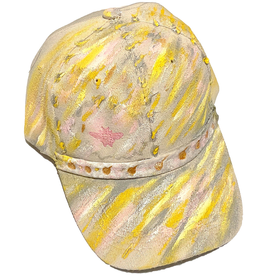 Pink Bee Embroidered, Original Hand Painted Khaki Baseball Cap, Crushed Velvet, One Size Fits All - Michele Benjamin - Jewelry Design Headwear, Hat, Baseball Cap