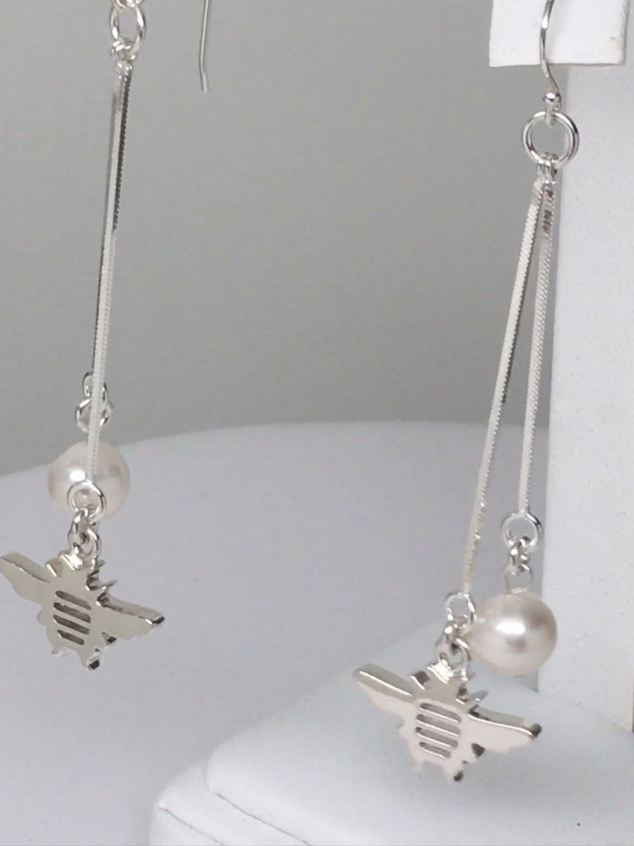 Sterling Silver Tiny "Bee" Dainty Pearl 3 inch Dangle Earrings - Michele Benjamin - Jewelry Design Fine Jewelry - Sterling Silver Earrings
