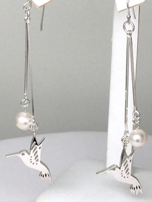 Sterling Silver Hummingbird Pearl Dangle Earrings 3 inch L - Michele Benjamin - Jewelry Design Fine Jewelry - Sterling Silver Earrings