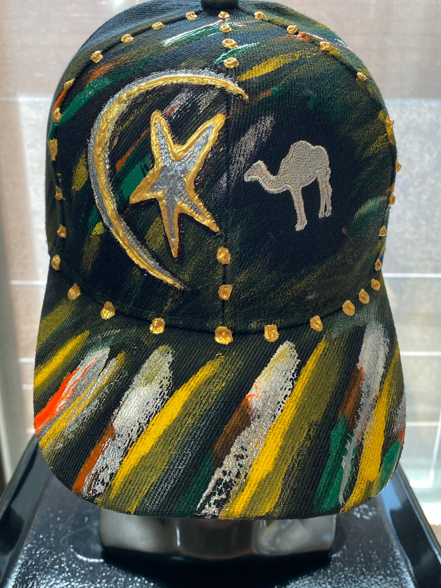 Dubai Camel Crescent Star Silver Embroidered, Original Hand Painted, Black Baseball Cap -One Size Fits All - Michele Benjamin - Jewelry Design Headwear, Hat, Baseball Cap