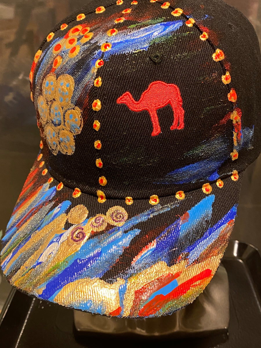 Dubai Camel Red Embroidered, Original Hand Painted, Black Baseball Cap - Adult One Size Fits All - Michele Benjamin - Jewelry Design Headwear, Hat, Baseball Cap