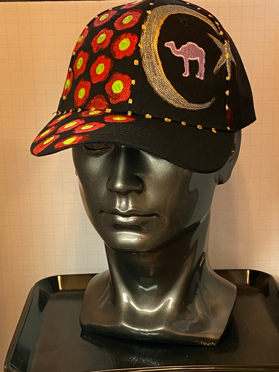 Dubai Camel Pink Embroidered, Original Hand Painted, Black Baseball Cap - Adult One Size Fits All - Michele Benjamin - Jewelry Design Headwear, Hat, Baseball Cap