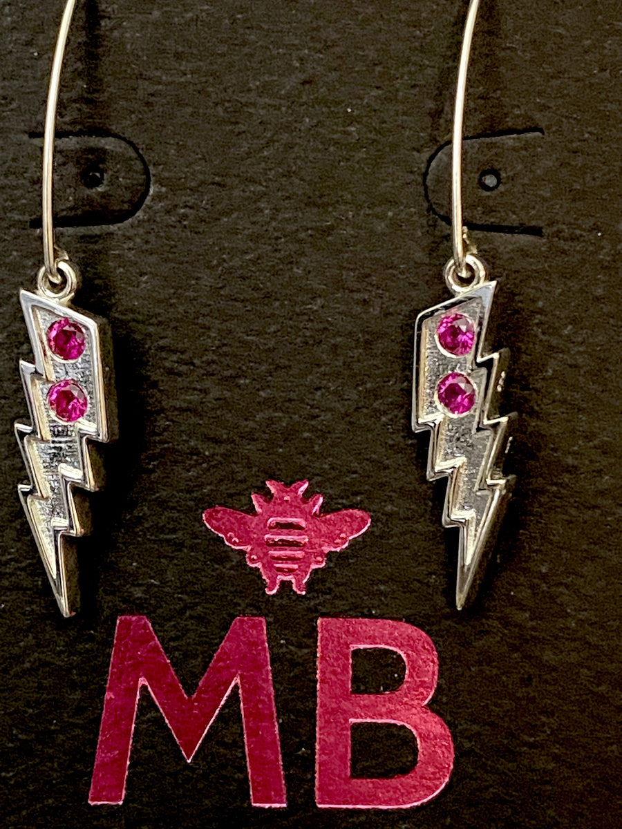 Lightning Bolt Ruby Sterling Silver “D” Hook Dangle Earrings 2 inch L. - Michele Benjamin - Jewelry Design Fine Jewelry - Sterling Silver Earrings