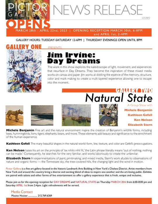 Pictor Gallery Presents 'Day Dreams' by Jim Irvine and 'Natural State' by Michele Benjamin, Kathleen Gefell, Ken Nelson, and Elizabeth Stern