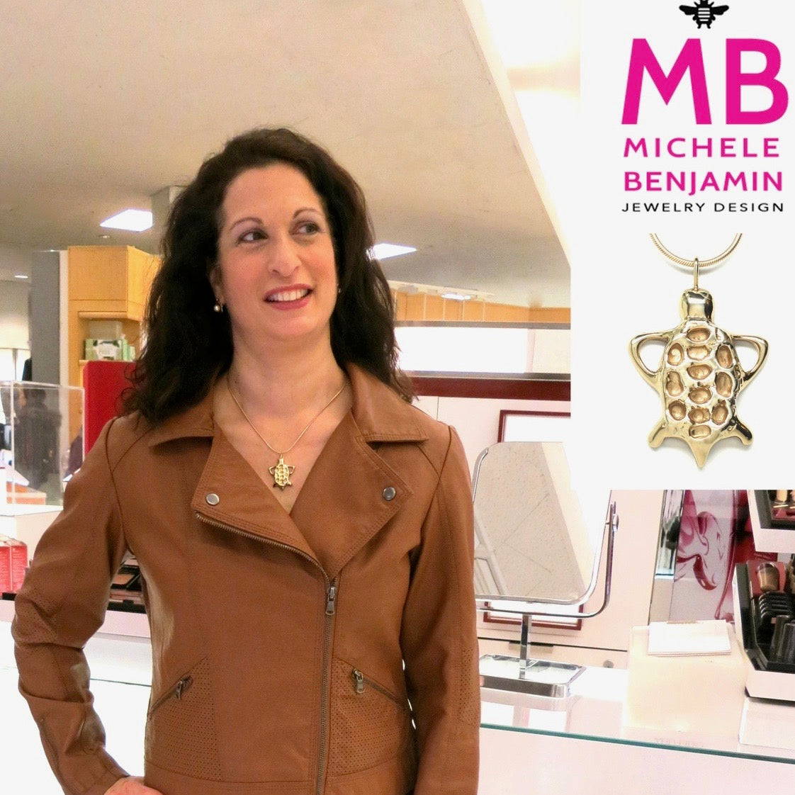 Tortoise Collection Jewelry by Michele Benjamin in a variety of finishes including charms, pins, and pendant necklaces.