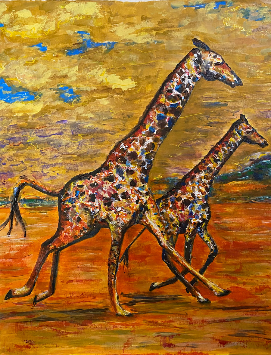 Michele Benjamin “Majestic Giraffes on the Move”, 24 x 30 in. Acrylic on Canvas, Original Painting - Framed