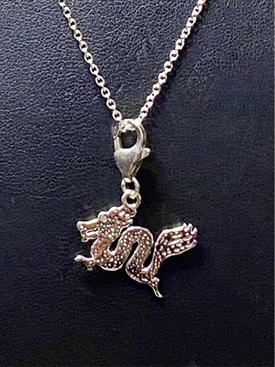 Michele Benjamin Sterling Silver Dainty Leaping Dragon Charm Necklace, 1mm Round Cubic Zirconia Eye 18L