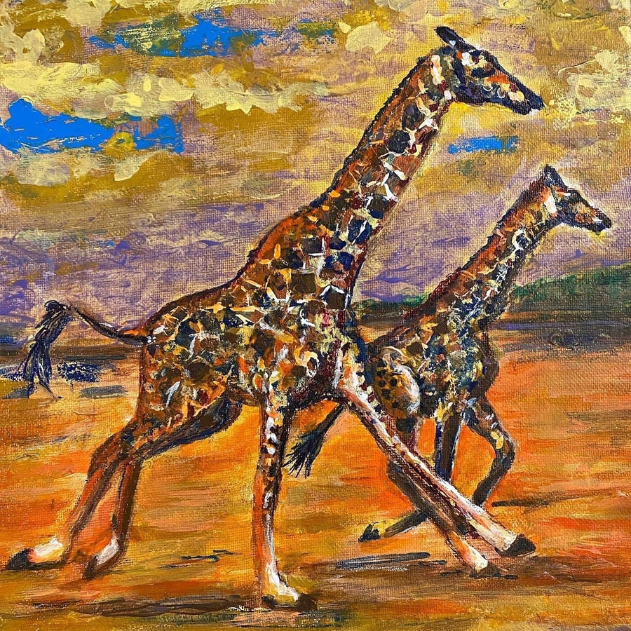 Michele Benjamin “Majestic Giraffes on the Move”, 11 x 14 in. Acrylic on Canvas, Original Painting - Framed