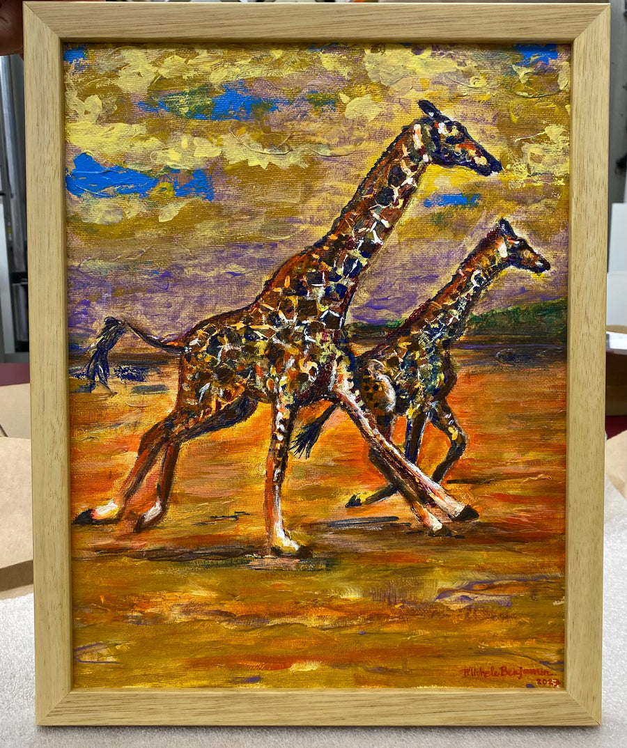 Michele Benjamin “Majestic Giraffes on the Move”, 11 x 14 in. Acrylic on Canvas, Original Painting - Framed