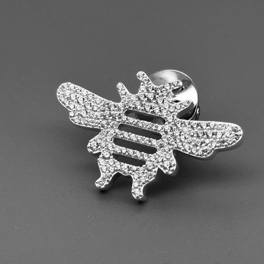 Sterling Silver CZ Pavé Bee Pin Tie Lapel Brooch- Men's Women's Unisex