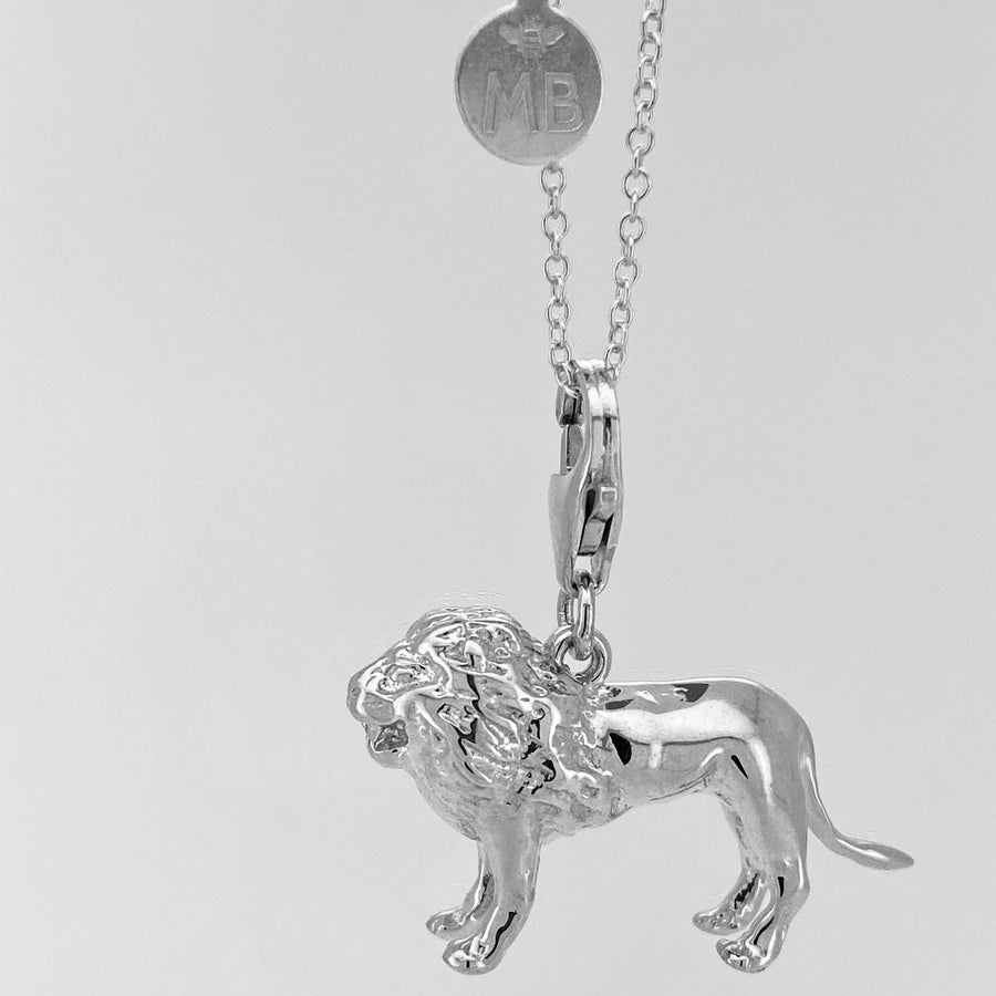 Rhodium Plated 3D Lion Charm Necklace, 18 in. L
