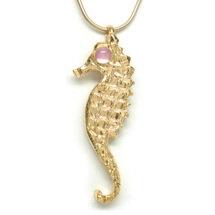 18K Gold Plated Brass Pink Sapphire Cabochon Seahorse Necklace Large 2 3/4" H - Michele Benjamin - Jewelry Design Fashion Jewelry Necklaces - Stone settings