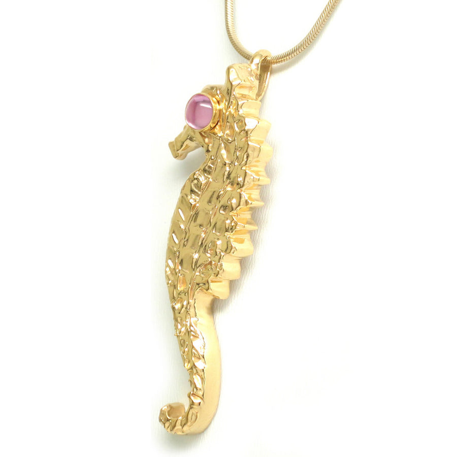 18K Gold Plated Brass Pink Sapphire Cabochon Seahorse Necklace Large 2 3/4" H - Michele Benjamin - Jewelry Design Fashion Jewelry Necklaces - Stone settings
