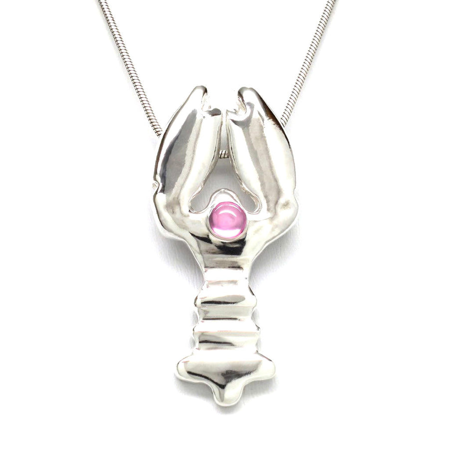 Sterling Silver Pink Sapphire Cabochon Lobster Pendant Necklace Handcrafted 18L - Michele Benjamin - Jewelry Design Fine Jewelry Necklaces - Sterling Silver