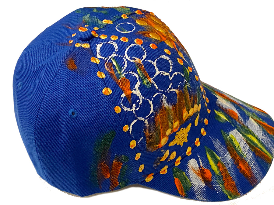 Honeycomb Gold Bee Embroidered, Original Hand Painted, Royal Blue Baseball Cap - One Size Fits All - Michele Benjamin - Jewelry Design Headwear, Hat, Baseball Cap