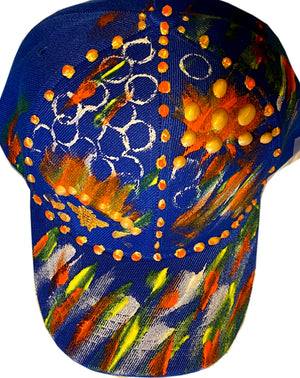 Honeycomb Gold Bee Embroidered, Original Hand Painted, Royal Blue Baseball Cap - One Size Fits All - Michele Benjamin - Jewelry Design Headwear, Hat, Baseball Cap