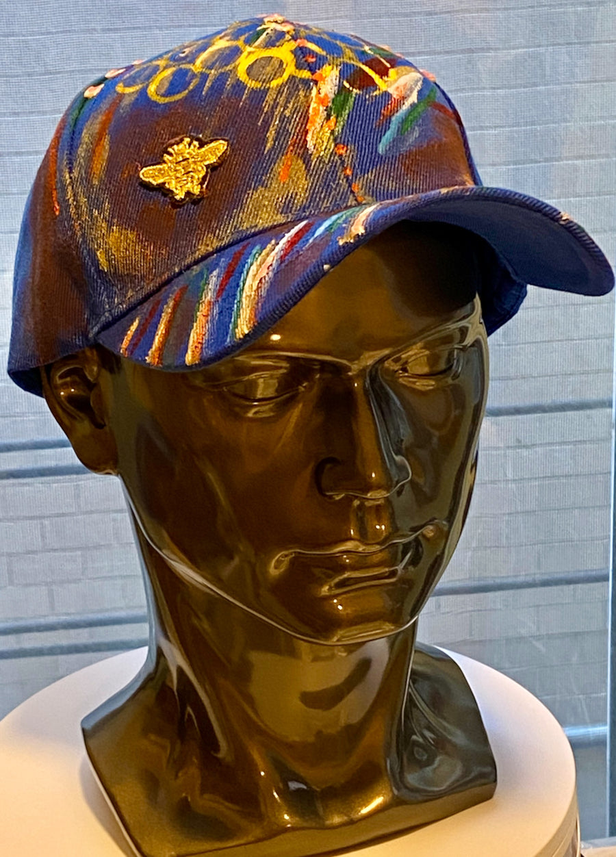 Gold Bee Embroidered, Original Hand Painted, Blue Baseball Cap - One Size Fits All - Michele Benjamin - Jewelry Design Headwear, Hat, Baseball Cap