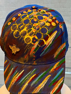 Gold Bee Embroidered, Original Hand Painted, Blue Baseball Cap - One Size Fits All - Michele Benjamin - Jewelry Design Headwear, Hat, Baseball Cap