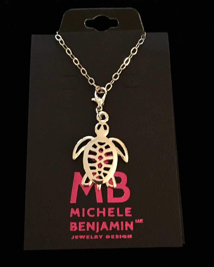 Sea Turtle Charm Necklace Rhodium Plated White Brass - Michele Benjamin - Jewelry Design Fashion Jewelry - White Brass
