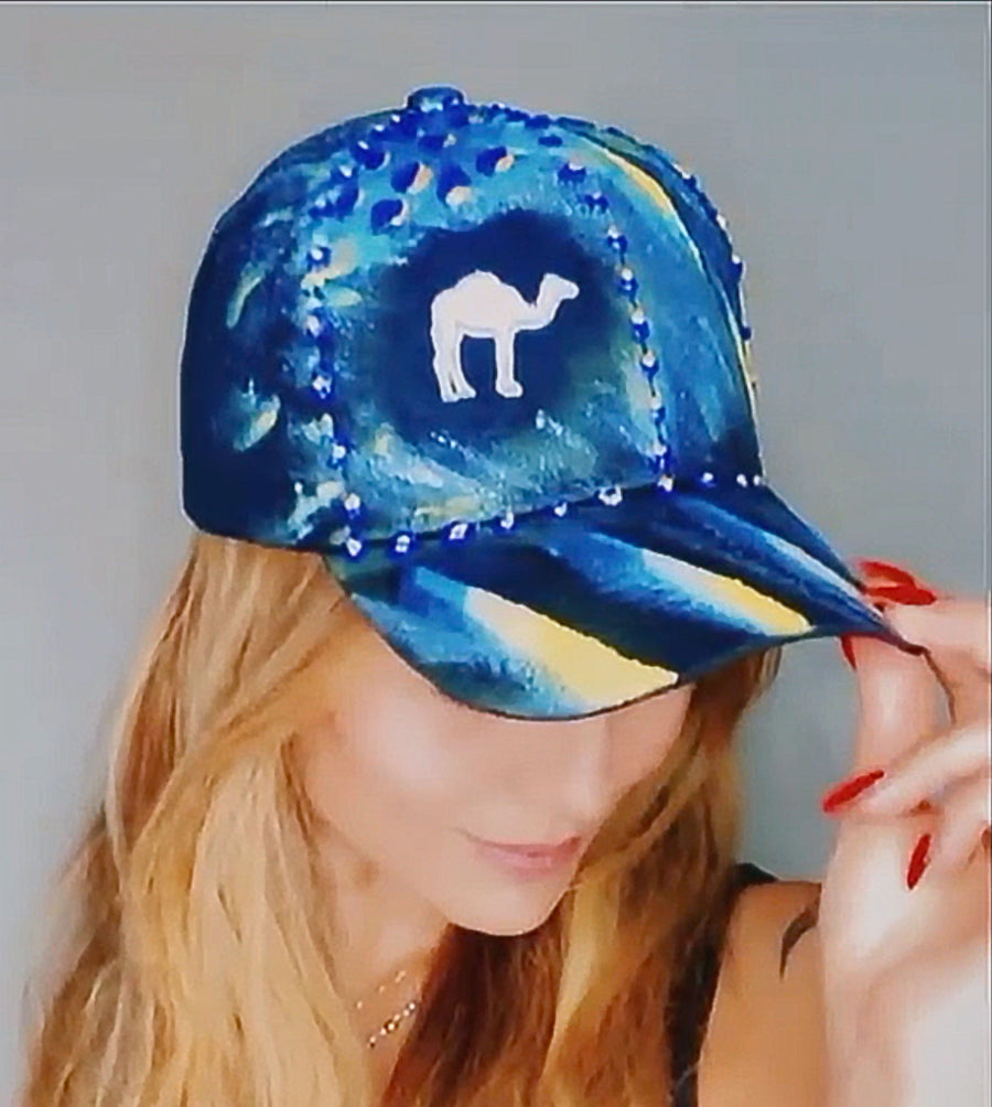 Dubai Camel Crescent Star Silver Embroidered, Original Hand Painted, Black Baseball Cap -One Size Fits All - Michele Benjamin - Jewelry Design