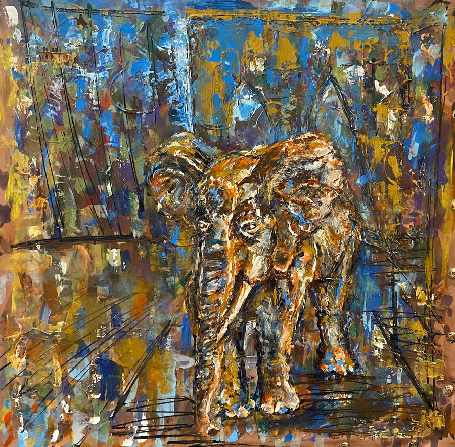 Michele Benjamin Elephant on Brooklyn Bridge, Acrylic on Silk, 17 x 17 in. Original Painting - Framed