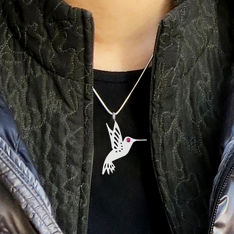 Sterling Silver Ruby Hummingbird Pendant Necklace - Michele Benjamin - Jewelry Design Fine Jewelry Necklaces - Sterling Silver
