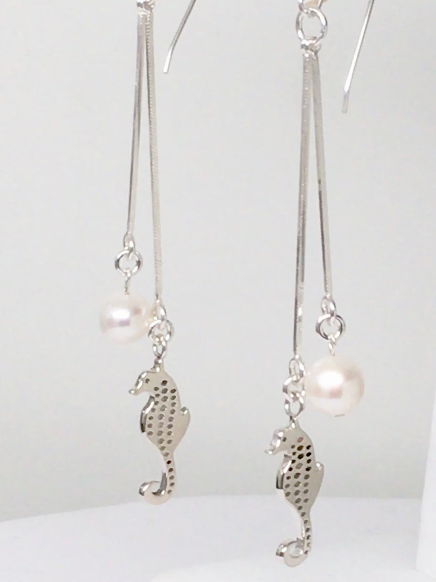 Sterling Silver Seahorse Pearl Dangle Earrings 3 inch L - Michele Benjamin - Jewelry Design Fine Jewelry - Sterling Silver Earrings