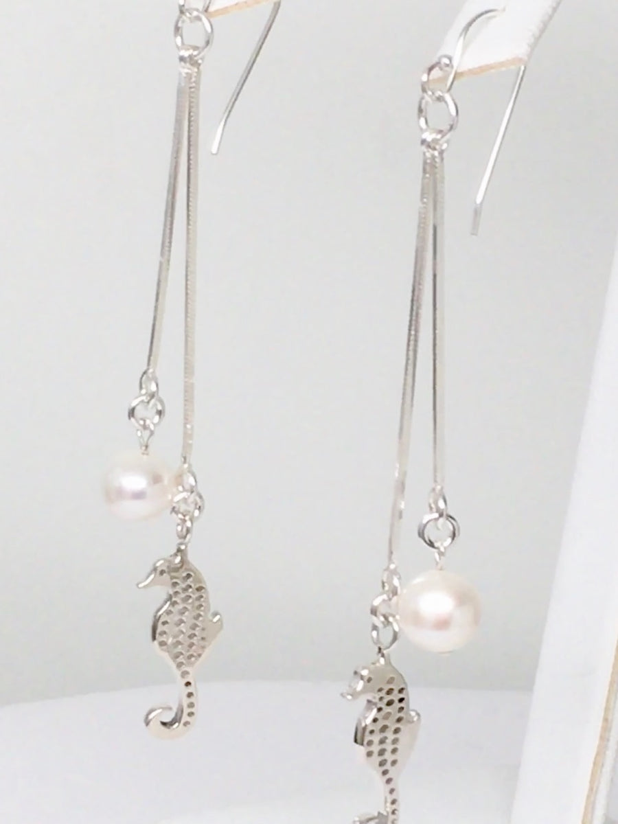 Sterling Silver Seahorse Pearl Dangle Earrings 3 inch L - Michele Benjamin - Jewelry Design Fine Jewelry - Sterling Silver Earrings