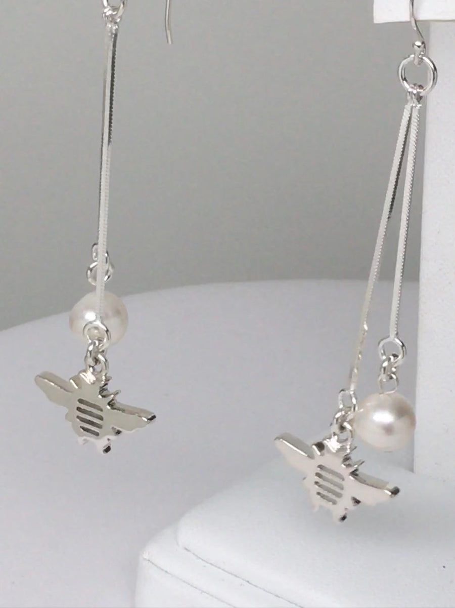 Sterling Silver Tiny "Bee" Dainty Pearl 3 inch Dangle Earrings - Michele Benjamin - Jewelry Design Fine Jewelry - Sterling Silver Earrings