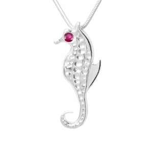 Sterling Silver Seahorse 4mm Ruby Pendant Necklace 18 in. L - Michele Benjamin - Jewelry Design Fine Jewelry Necklaces - Sterling Silver