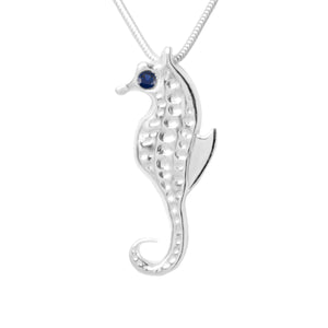 Sterling Silver Seahorse 3mm Dark Blue Sapphire Pendant Necklace 18 in. L - Michele Benjamin - Jewelry Design Fine Jewelry Necklaces - Sterling Silver