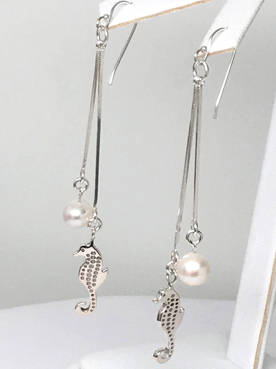 Sterling Silver Seahorse Pearl Dangle Earrings 3 inch L - Michele Benjamin - Jewelry Design Fine Jewelry - Sterling Silver Earrings