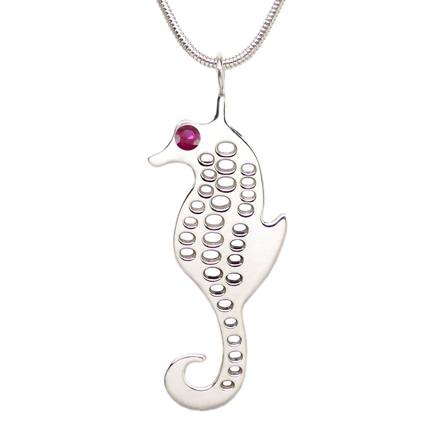 Sterling Silver Seahorse Ruby Pendant Necklace - Michele Benjamin - Jewelry Design Fine Jewelry Necklaces - Sterling Silver