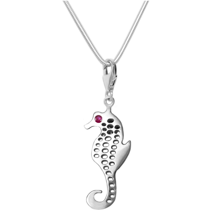Sterling Silver Dainty Seahorse Ruby Charm Necklace - Michele Benjamin - Jewelry Design Fine Jewelry Charms - Sterling Silver