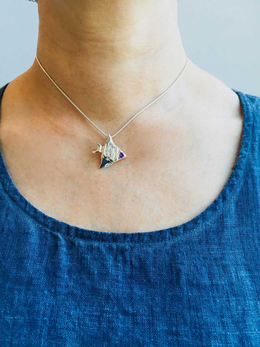 Sterling Silver Hand-Painted Angelfish Necklace - 18 Inch Chain With Gift Box