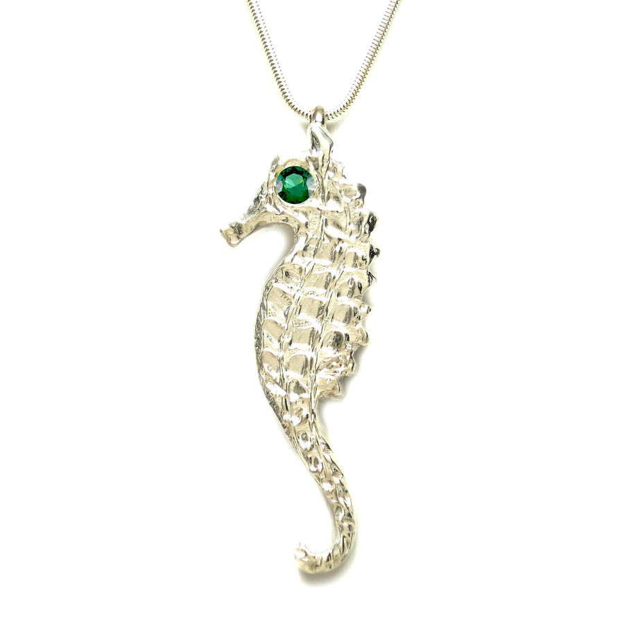 Sterling Silver Emerald Seahorse Pendant Necklace - Large - Michele Benjamin - Jewelry Design Fine Jewelry Necklaces - Sterling Silver