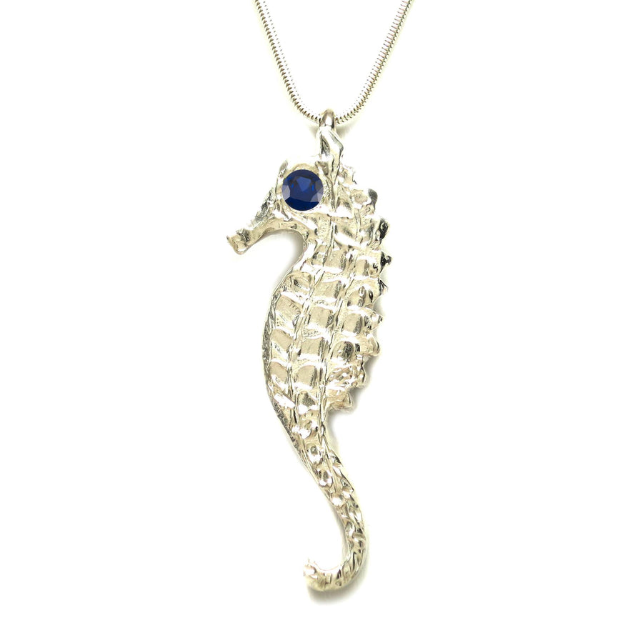 Sterling Silver Blue Sapphire Large Seahorse Pendant Necklace 18 inch - Michele Benjamin - Jewelry Design Fine Jewelry Necklaces - Sterling Silver