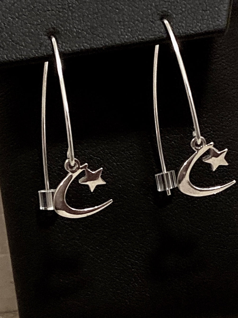 Sterling Silver Tiny "Crescent Star" D Hook Dangle Earrings 1 1/2 inch L - Michele Benjamin - Jewelry Design Fine Jewelry - Sterling Silver Earrings