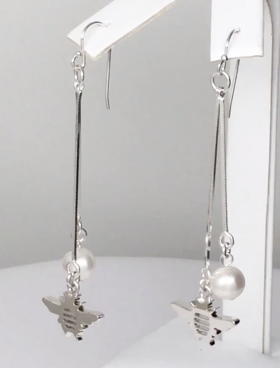 Sterling Silver Tiny "Bee" Dainty Pearl 3 inch Dangle Earrings - Michele Benjamin - Jewelry Design Fine Jewelry - Sterling Silver Earrings