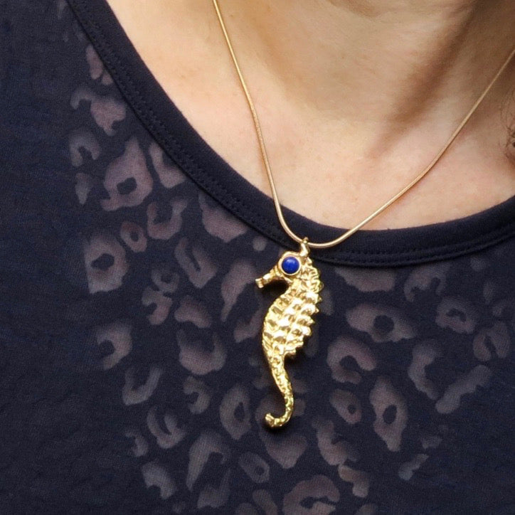 18K Gold Plated Amethyst Seahorse Necklace Large 2 3/4" H - Michele Benjamin - Jewelry Design Fashion Jewelry Necklaces - Stone settings