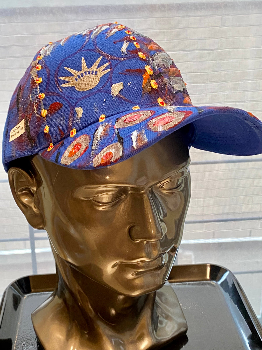 Silver Liberty Embroidered, Original Hand Painted, Blue Baseball Cap - One Size Fits All - Michele Benjamin - Jewelry Design Headwear, Hat, Baseball Cap