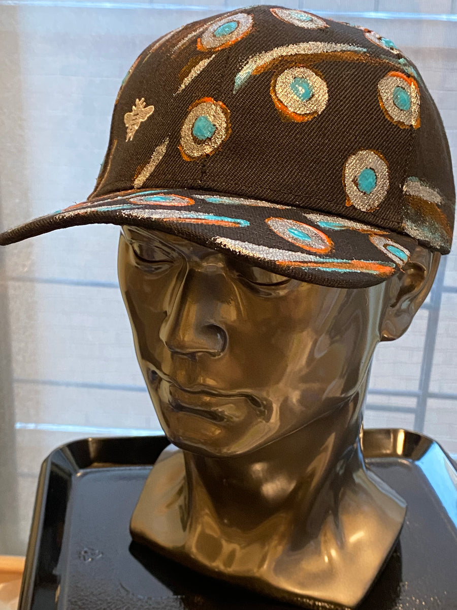 Silver Bee Embroidered, Bulls-Eye Original Hand Painted, Black Baseball Cap - One Size Fits All - Michele Benjamin - Jewelry Design Headwear, Hat, Baseball Cap