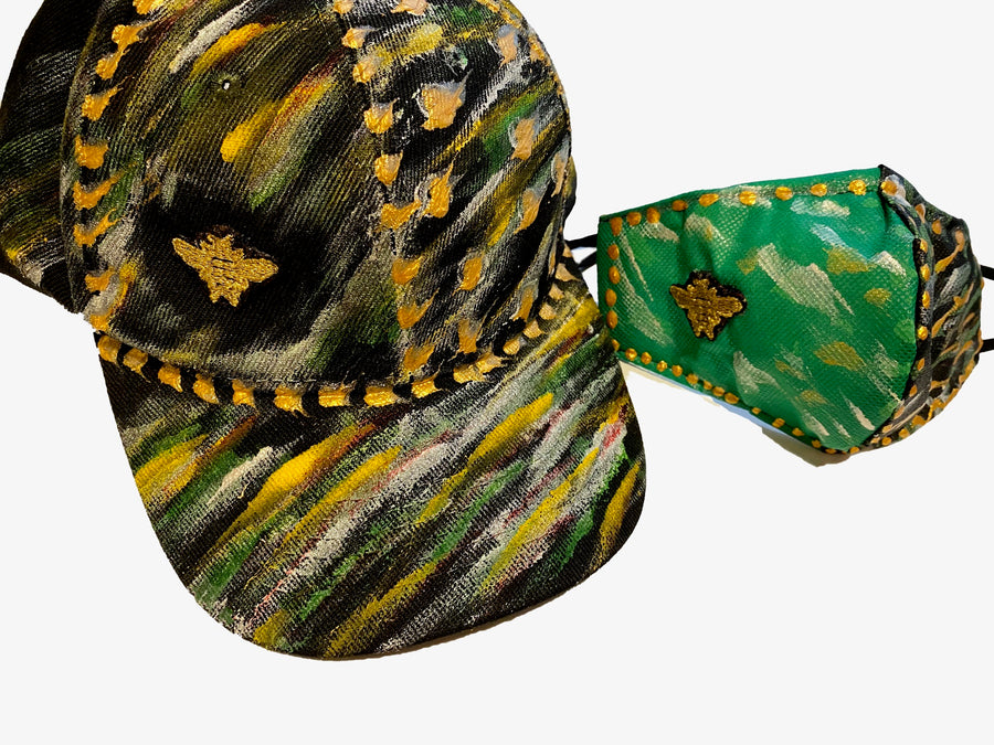 Gold Bee Embroidered, Original Hand Painted, Black Baseball Cap - One Size Fits All - Michele Benjamin - Jewelry Design Headwear, Hat, Baseball Cap